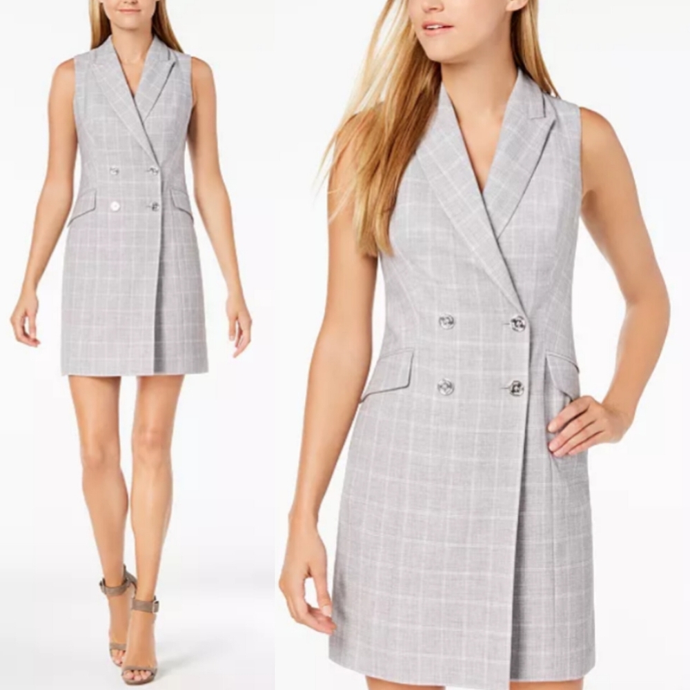 (10) CALVIN KLEIN | Double Breasted Sleeveless Plaid Trench Dress